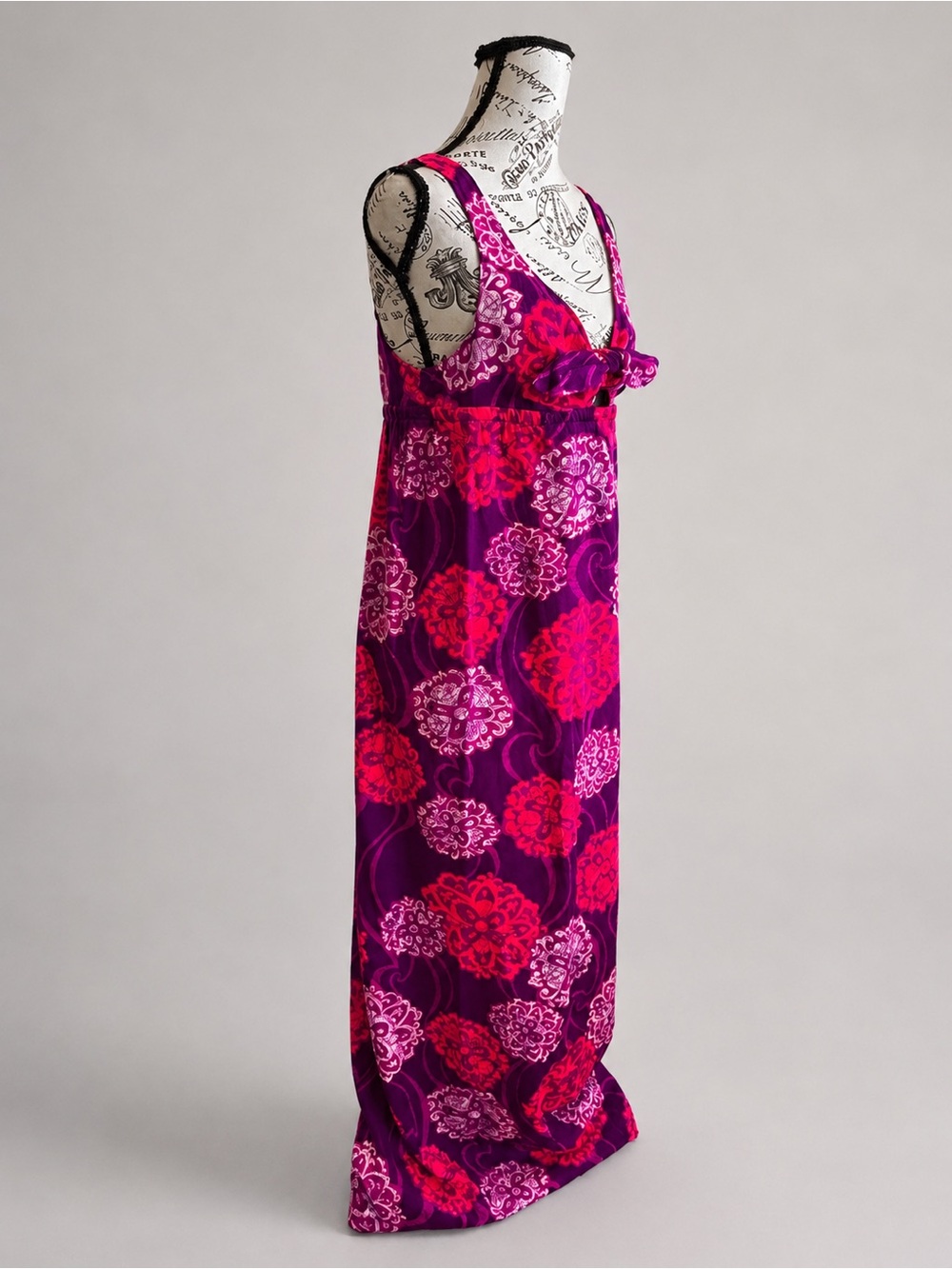 Vintage 70s Hawaiian Floral Tie Front Keyhole Boho Mod Psychedelic Maxi Dress